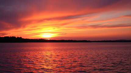 Obraz premium A vivid sunset over a dark lake creates an orange glow. Dark silhouetted trees line the horizon.