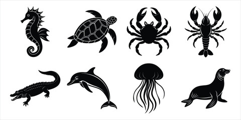 Ocean, Sea animals silhouette set. Aquatic animals life vector illustration design