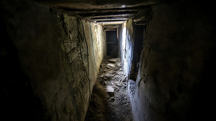 Obraz premium Dark mine shaft with a single beam of light cutting through the shadows, symbolizing hope and discovery in the depths of exploration and perseverance.