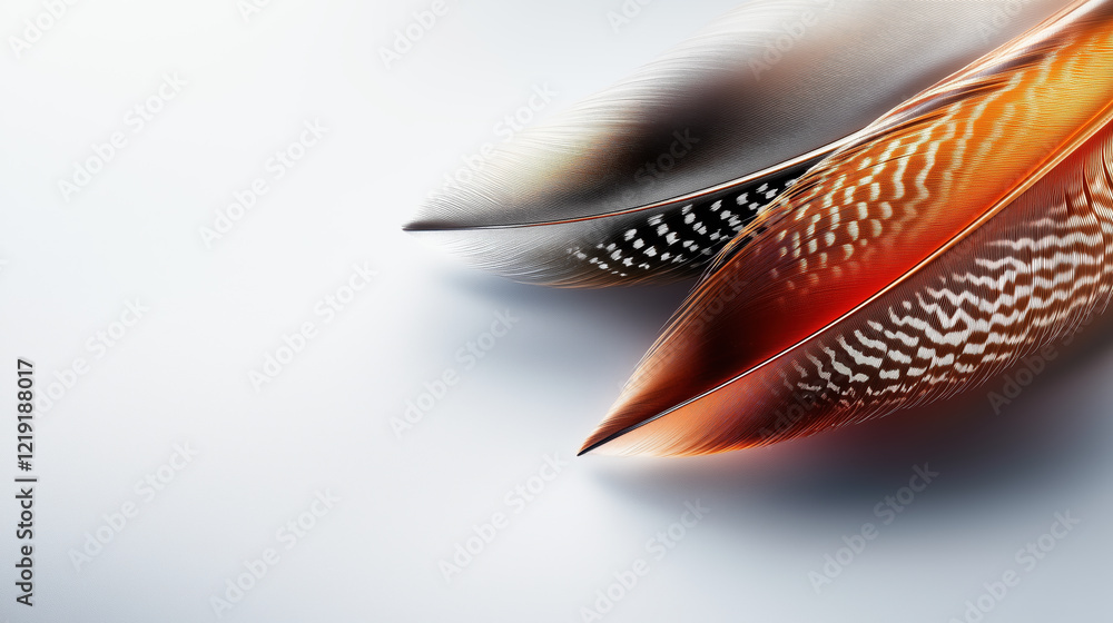 Poster close-up of patterned feathers in earthy tones with intricate details on a white surface