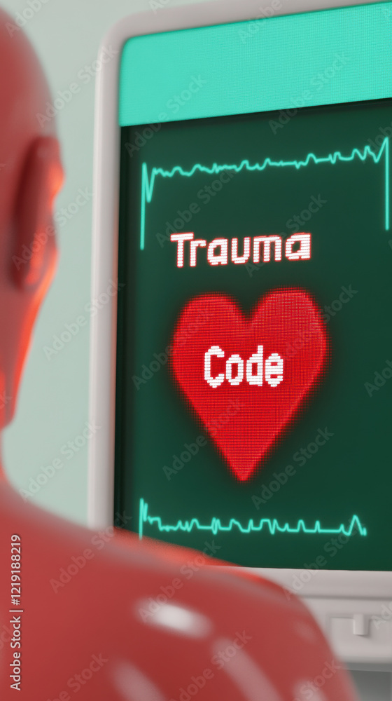 Poster trauma code, 3d illustration of a defibrillator designed for trauma care, showcasing high fidelity a