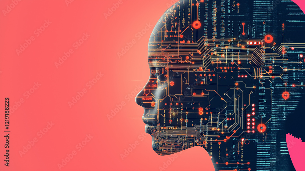 Poster digital consciousness: a futuristic concept of artificial intelligence visualized as a human profile
