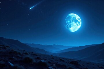 Fototapeta premium A stunning blue moonlit landscape with gold star trails behind a comet, lunar phase, nightscape, blue moon