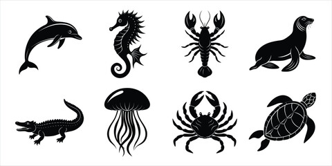 Ocean, Sea animals silhouette set. Aquatic animals life vector illustration design