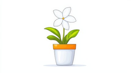Cartoon style white flower in a simple pot with green leaves on a clean white background