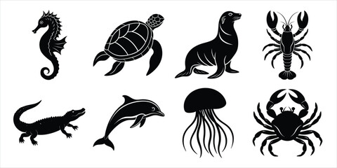 Ocean, Sea animals silhouette set. Aquatic animals life vector illustration design