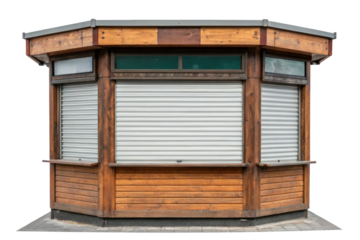 Wooden kiosk with closed shutters isolated with transparent background