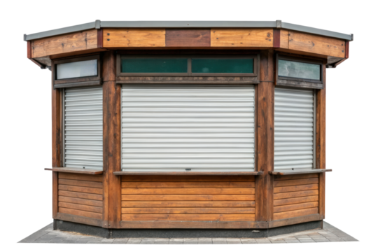 Wooden kiosk with closed shutters isolated with transparent background