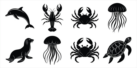 Ocean, Sea animals silhouette set. Aquatic animals life vector illustration design