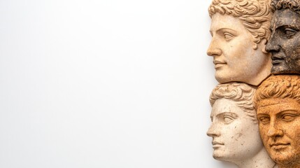 Obraz premium Collection of sculpted heads against a minimalist white background showcasing various textures and shades of stone