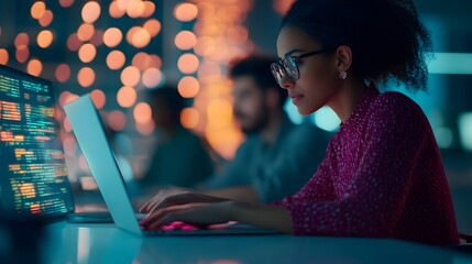 A modern fintech team collaborating with glowing holographic data visualizations