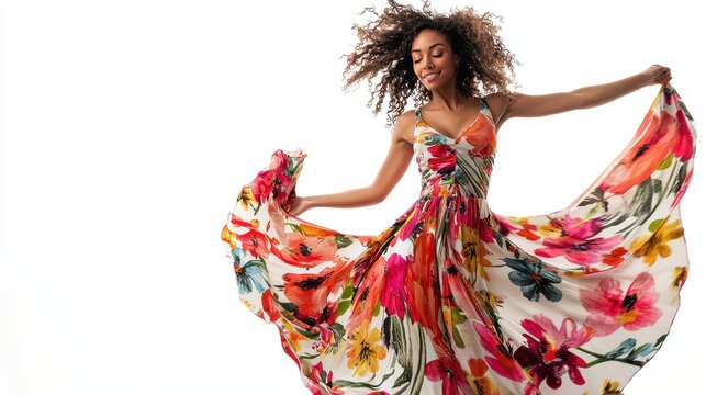 A woman in a colorful floral maxi dress, twirling with a carefree expression and hair flowing on a white isolated background