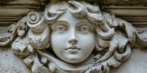 A macro shot of intricate stone carvings on a historical building, capturing fine architectural details