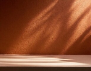 Minimalist product display with a brown wall, a white shelf and the shadow of leaves cast by the warm morning light.  The gentle shadows suggest the natural beauty of an indoor space