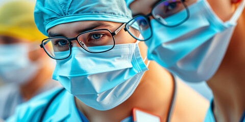 A close-up photo shows two medical workers in masks and surgical caps, their eyes conveying focus. The image depicts healthcare professionals at work.