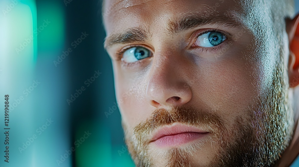 Poster engineer assessing smart technology systems with focused expression in neutral environment