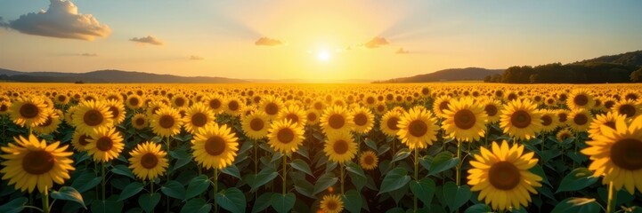 Fototapeta premium golden hour over a vast sea of tall yellow sunflowers and a clear blue sky, sunset effect, warm lighting, peaceful atmosphere