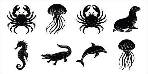 Obraz premium Ocean, Sea animals silhouette set. Aquatic animals life vector illustration design