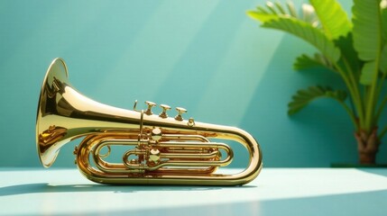 Obraz premium Golden Euphonium Resting on a Pale Teal Surface Against a Tropical Backdrop