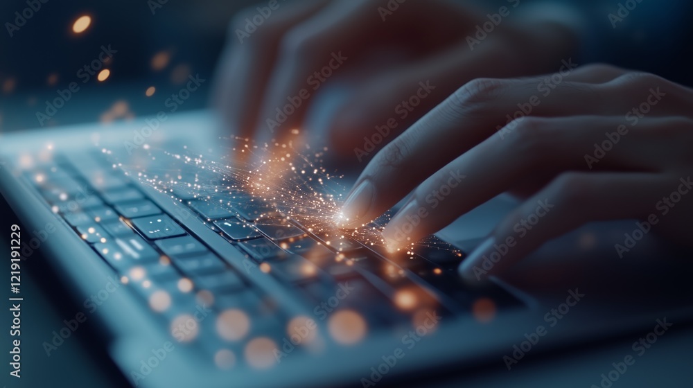 Poster fingers are rapidly typing on a laptop keyboard, creating sparks of light. hands typing on a laptop 