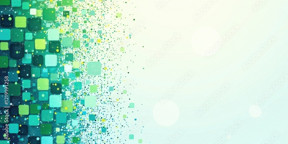 Poster Abstract Green and Teal Square Pixelated Burst Design with Soft Light Bokeh Background