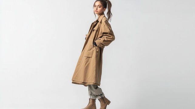 A female model in a fashionable trench coat and ankle boots, standing with one hand in the pocket and a chic look on a white isolated background