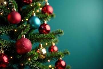 Brightly colored ornaments draped over the branches of a striped Christmas tree, , holiday decorations