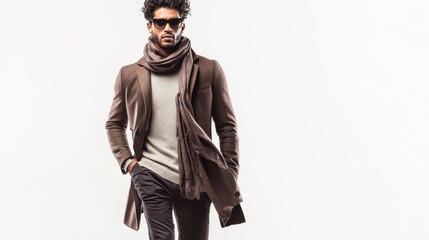 A fashionable male model wearing a tailored coat and scarf, walking confidently with a strong presence on a white isolated background