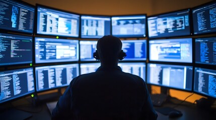 Cybersecurity professional monitoring digital threats on multiple glowing screens