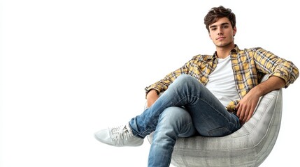 Obraz premium A male model in a casual outfit, wearing a plaid shirt and jeans, sitting on a chair with a relaxed pose on a white isolated background