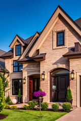 Luxury Brick House Exterior: Modern Home Design and Landscaping.  A stunning example of modern residential architecture, showcasing beautiful brickwork, landscaping, and a grand entrance.