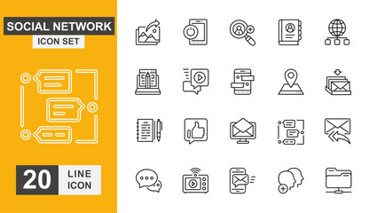 Social network icon set. Searching, internet, smartphone, email and more line icon