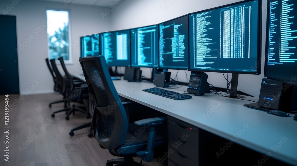 Poster modern it control room with advanced screens and holographic data projections