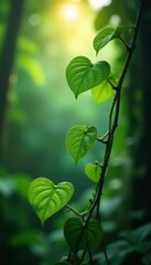 Obraz premium Heart-shaped leaves on vines in a jungle environment with sunlight filtering through, climber, plant