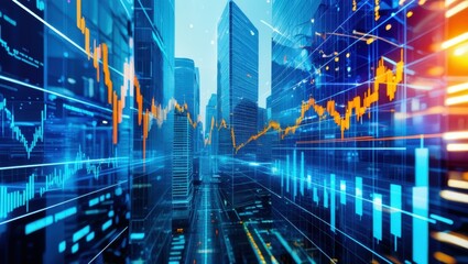 Fototapeta premium Financial district skyline, stock market graph overlay, digital network connections, futuristic city, blue tones, orange data visualization, transparent screens, dynamic chart lines, urban landscape, 