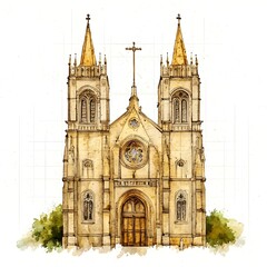 Fototapeta premium Historic church architecture city center watercolor urban environment front view cultural heritage