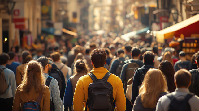 Many people walk along city street. Large crowd of diverse individuals commute. Urban scene in noisy city. Back view photo. People walking briskly. Busy urban society. City life. Activity. Community.