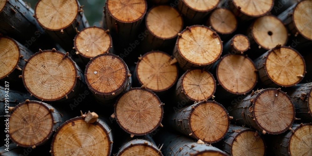 Poster a close-up view of a stack of circular wooden logs, revealing their detailed grain patterns and natu