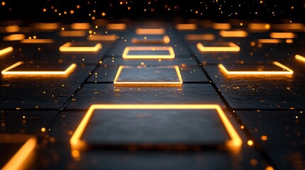 a futuristic and high-tech scene with glowing orange squares on a dark background.