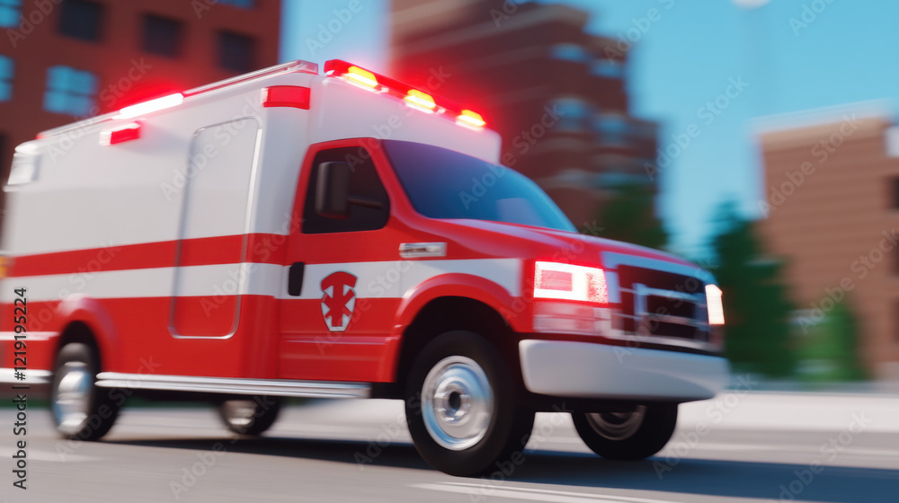 Poster trauma code, a high-fidelity 3d visualization of an ambulance in motion, showcasing dynamic elements