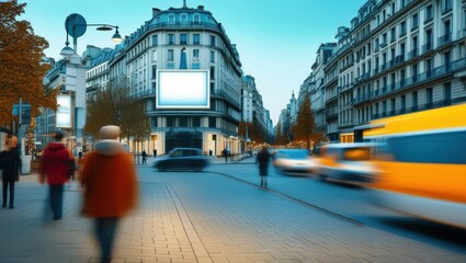 Obraz premium city street, Paris architecture, large blank billboard, evening light, blurred motion pedestrians, lone figure standing still, autumn trees, urban atmosphere, blue tones, cinematic, realistic, long ex