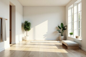 Obraz premium Serene Minimalist Room with Yoga Mat, Natural Light, and Plants Ready for Relaxation and Mindfulness