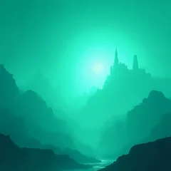 Gordijnen The image showcases a tranquil, misty landscape where a silhouetted castle or fortification can be seen in the distance, its towers and spires piercing the hazy atmosphere. The colors are predominant © Masum