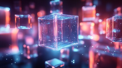 glass cubes floating in a dark room with red and blue lights.