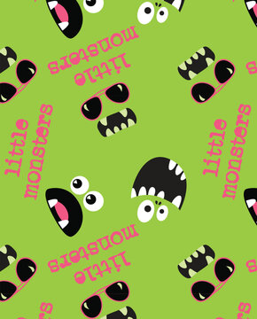 Green Little Monster Pattern with Sunglasses and Funny Faces