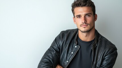 Obraz premium A male model in a casual t-shirt and leather jacket, posing with a cool expression while leaning against a white isolated background