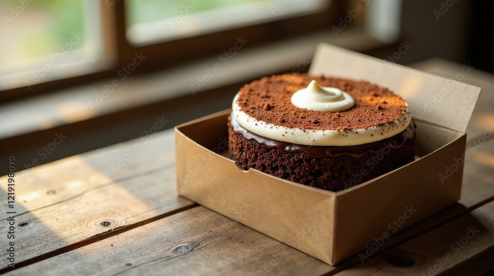 Poster a delectable chocolate cake, adorned with creamy frosting and cocoa powder, sits elegantly in a rust