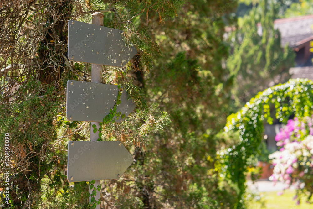 Poster a rustic signpost with directional arrows, partially obscured by greenery, set in a garden backgroun