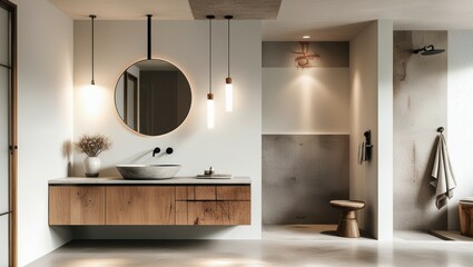 Modern minimalist bathroom, wooden vanity cabinet, large round mirror, pendant light, textured white walls, natural light, earthy tones, zen atmosphere, sleek design, contemporary interior, spa-like a