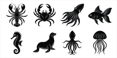 Ocean, Sea animals silhouette set. Aquatic animals life vector illustration design